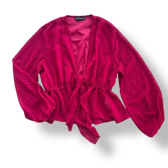 PrettyLittleThing Tops - PrettyLittleThing Womens M Dark Red Swiss Dot Tie Front Wrap Sheer Peplum Blouse